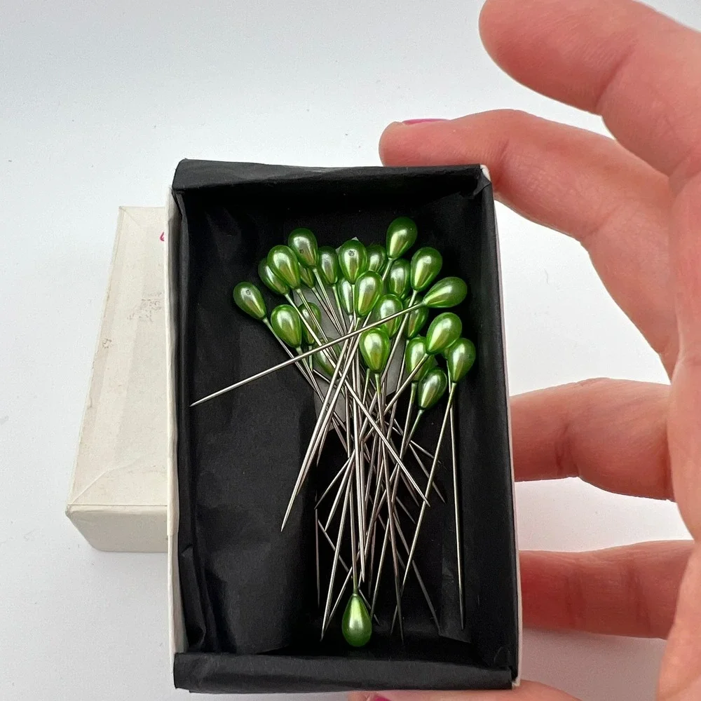 Vintage Japan Green Pearl Head Sewing Pins Size 20 Partial Box